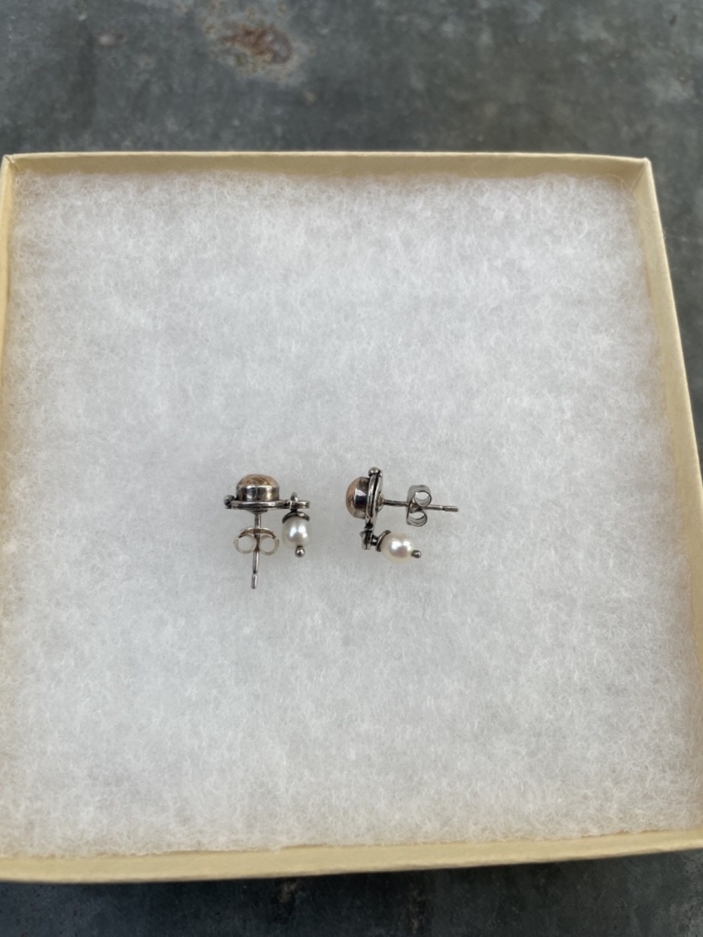 Dainty Pearl Sterling and Copper Drop Earrings - Picture 4 of 4